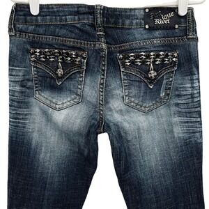 Antique River Women Studded Low Rise Mid Wash Blue Skinny Jeans Size 28  (30x32)